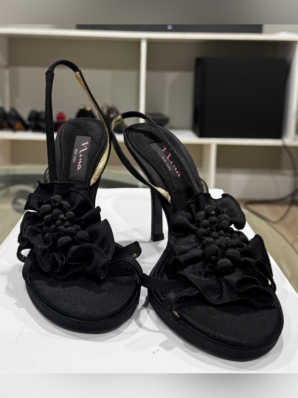 Nina Black Satin Floral Slingback Heels